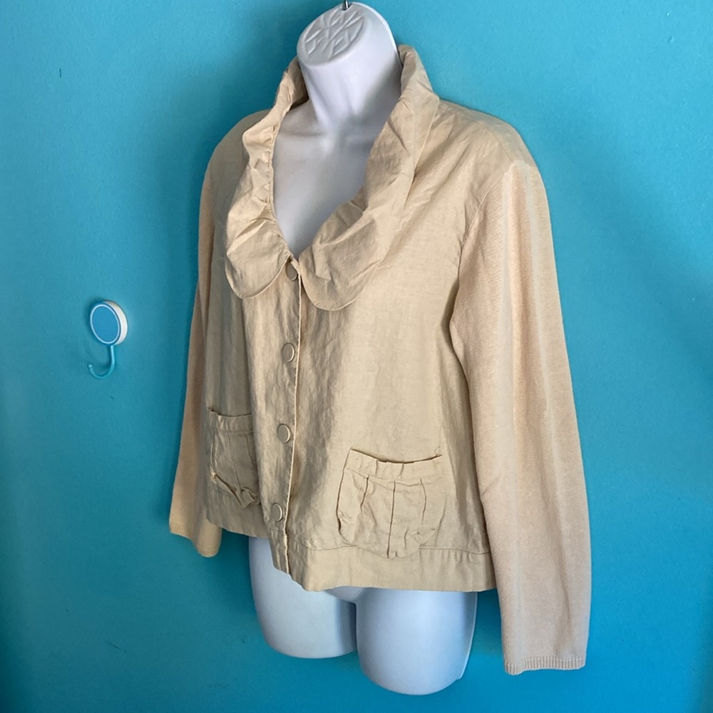 Tara Ryan Womens Size M 3/4 Knit Sleeve Snap Front Linen Blend Light Tan Jacket
